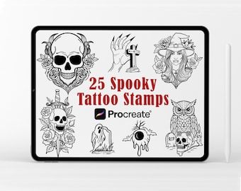 Spooky tattoo Stamps for procreate | Procreate horror stamps | Creepy gothic tattoo stamps for procreate | Halloween stamp brushes procreate