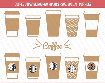 May include: Set of ten coffee cup SVG cut files. The cups are in various styles, including plain, striped, and chevron. Some of the cups have a monogram frame for adding initials. The text "Coffee" is included in the design.