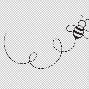 May include: A black and white bee with yellow stripes flies in a dotted line path.