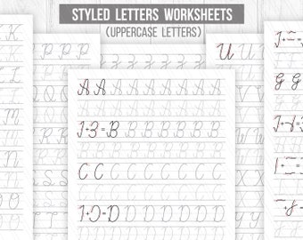 Beginner hand lettering Worksheets,Styled letters Worksheets,Uppercase,Printable handlettering Practice sheets, Calligraphy-Digital download