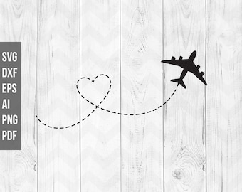 Avion SVG, svg avion en vol, fichiers de coupe svg avion coeur route, voyage svg, clipart avion, Cricut silhouette-svg, dxf, png, eps, ai, pdf