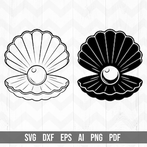 May include: Two seashell illustrations, one outlined and one solid black, each with a pearl inside. The shells are open, revealing the pearl. Below the images are the letters: SVG, DXF, EPS, AI, PNG, and PDF.