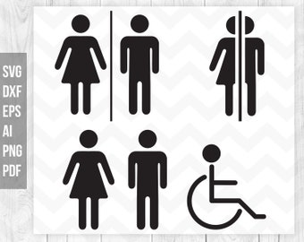 May include: Black and white silhouette icons of a female figure, a male figure, a gender-neutral figure, and a person in a wheelchair. These icons are commonly used for restroom signage.