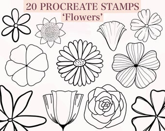 May include: Twenty black and white outline illustrations of various flowers. The illustrations are in a simple, hand-drawn style.  The title "20 PROCREATE STAMPS 'Flowers'" is at the top of the image.