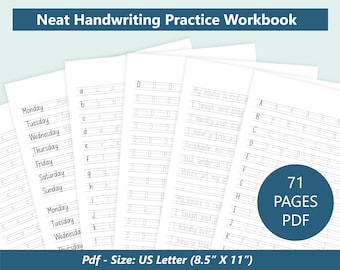 Handwriting Practice Sheet PDF, Beginner Upper/Lowercase lettering practice templates, Neat handwriting workbook,71 pages Printable pdf ipad