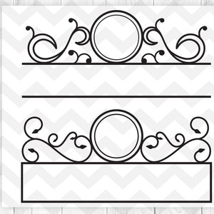 May include: A black and white printable monogram design with two lines for text and a decorative flourish. The design features two circles with a decorative border.