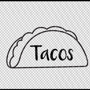 May include: Black and white line drawing of a taco with the word "Tacos" written inside.