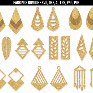 May include: A set of 12 gold glitter earring designs. The earrings are in various shapes, including feathers, triangles, squares, and teardrops. The earrings are perfect for crafting and DIY projects.