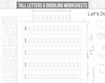 Beginner hand lettering Worksheets, Tall letters Worksheets, Printable handlettering Practice sheets, doodle worksheets- Digital download