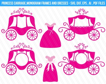 Princess Carriage SVG cutting files, DXF, Princess carriage monogram frames svg, princess dress svg, cindrella dress svg, Carriage clipart