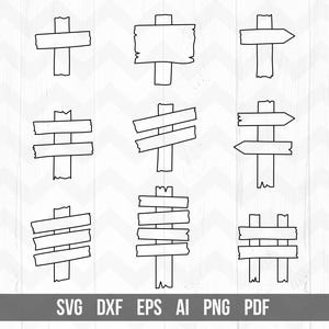May include: Black and white line art illustrations of various wooden sign designs. The signs include different shapes and styles, such as cross-shaped, rectangular, and arrow-pointed. The bottom of the image displays the text "SVG DXF EPS AI PNG PDF".