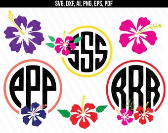 May include: Three monogrammed circles with black letters on a white background. Each circle is surrounded by a colorful hibiscus flower. The circles are yellow, coral, and red.