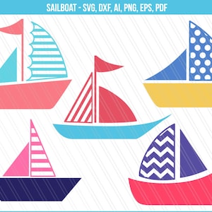 Puede incluir: Cinco diseños de veleros diferentes en varios colores y patrones. Los veleros están todos mirando hacia el lado derecho de la imagen. Los veleros están en los siguientes colores: rosa, azul, rojo, amarillo y morado.