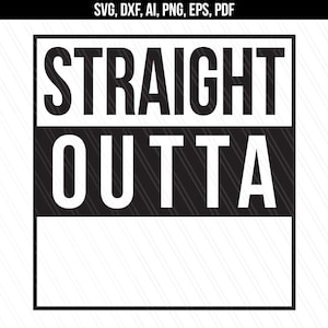 Pode incluir: Gráfico preto e branco com o texto "STRAIGHT OUTTA" em uma fonte em negrito e em bloco. O gráfico está em uma moldura quadrada com um fundo branco.