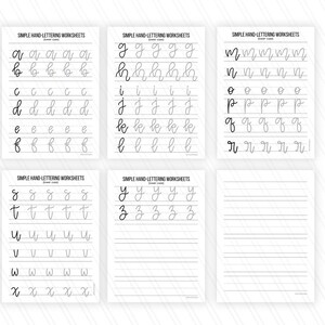 May include: A set of printable worksheets for practicing cursive handwriting. Each worksheet features a different lowercase letter of the alphabet, with multiple lines for practicing the letter formation. The worksheets are titled "Simple Hand-Lettering Worksheets".