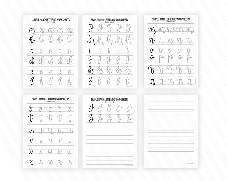 May include: A set of printable worksheets for practicing cursive handwriting. Each worksheet features a different lowercase letter of the alphabet, with multiple lines for practicing the letter formation. The worksheets are titled "Simple Hand-Lettering Worksheets".