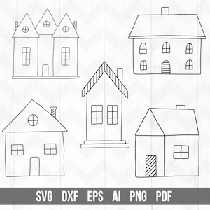 May include: Black and white line art of six different house designs. Each house has a unique shape, including triangular and rectangular forms, with windows, doors, and chimneys. The bottom of the image displays the text "SVG DXF EPS AI PNG PDF".