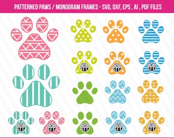 Paw SVG, Dog paw monogram svg, Paw clipart ,Paws, cricut, Patterned Paw SVG , paw monogram frames, Dog svg, Paw vector, digital download