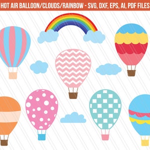 Heißluftballon SVG, Regenbogen svg, Wolken svg, Heißluftballon Clip Art, Clipart für Kinder, Cricut, Kinderzimmer Clipart - svg, dxf, ai, pdf, eps