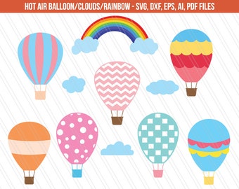 Hot air balloon SVG, Rainbow svg, Clouds svg, Hot air balloon clip art, clipart for kids, Cricut, Nursery clipart - Svg, Dxf, Ai, Pdf, Eps