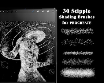 May include: A digital tablet displaying a stippled image of a human figure. The tablet is next to a set of 30 stipple shading brushes for Procreate, shown as white brush strokes on a black background. The text "30 Stipple Shading Brushes for PROCREATE" is displayed above the brushes.