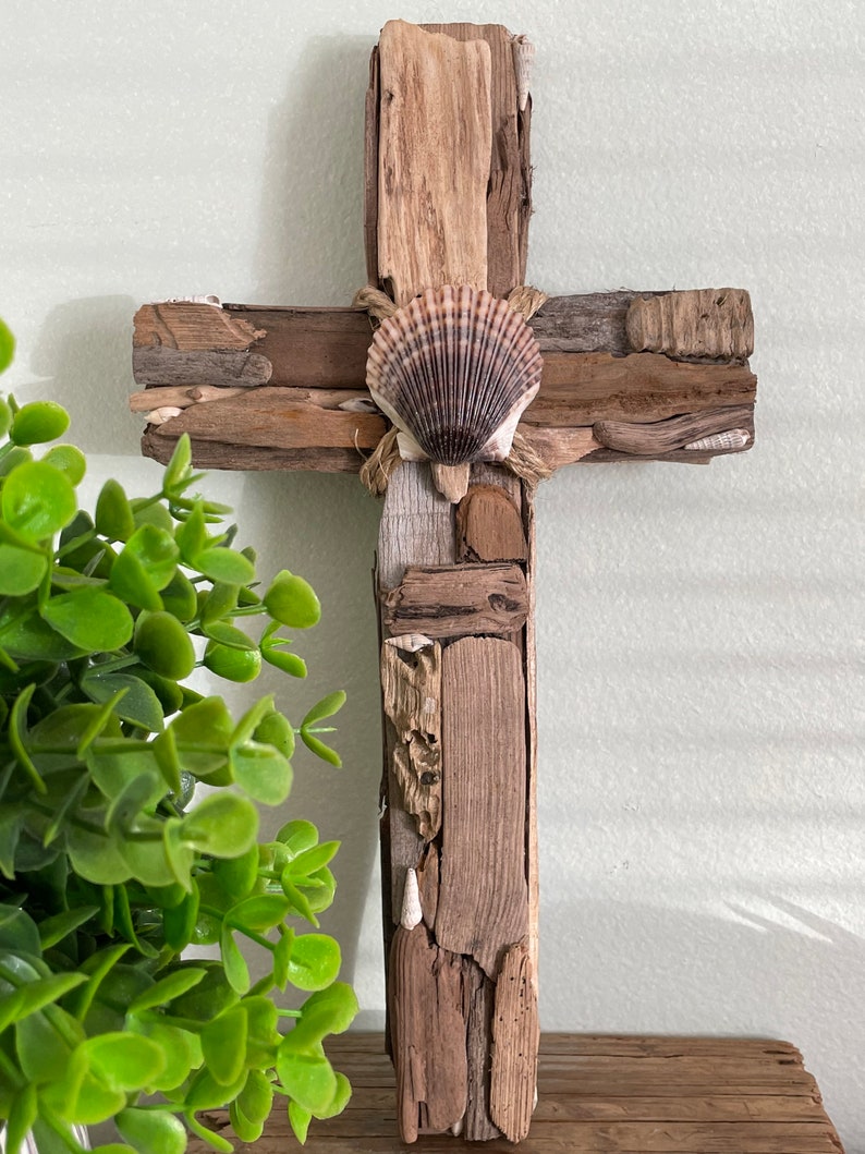 Driftwood & Seashell Cross . Driftwood Cross Wall Decor Etsy
