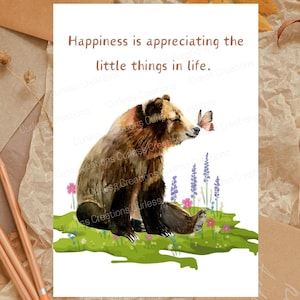 Charming Bear Watercolor Card - Appreciate the little things - Digital download printable greeting card