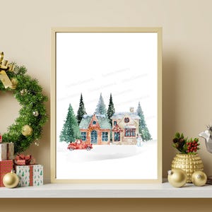 Christmas Home in Snowy Winter Scene | Digital Printable Art | Holiday House Decor | Instant Download Christmas Print | Winter Wonderland