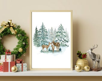 Deer Family Winter Forest Print: Snowy Wildlife Art (Digital Download)