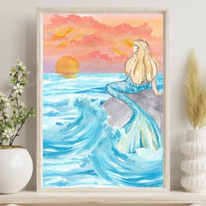 Enchanting Mermaid Watercolor Sunset Ocean Waves Art - Printable Art for Coastal Decor Digital Download