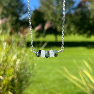 Emerald and Moonstone Bar Necklace. Emerald Jewelry, Rainbow Moonstone Necklace, Crystal Necklace, Beaded Necklace, Beaded Jewelry, Gifts.