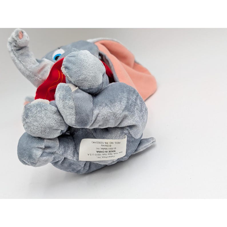 Fisher Price Dumbo Elephant Plush Gray 2001 Mattel Disney Yellow Hat 9 Inch image 4