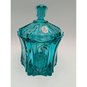 Fenton Art Glass Aqua Vulkan Lidded Candy Jar Hand Painted Floral D Cutshaw USA