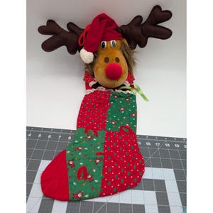 Smithy Reindeer Christmas Stocking Red Green Patchwork Plush Vintage 22 Inch