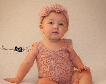 Knitting Pattern for Baby Romper and Bow Headband Set, Lace Knit Romper for Sleeveless Sitter Shorties, Baby Girl Romper Gift