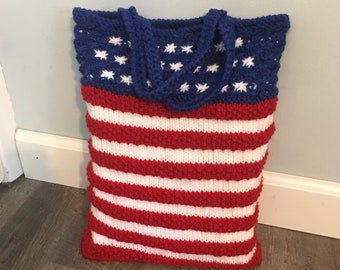 Knitted Patriotic Tote Bag Pattern, Fourth of July Bag, Knit Pattern for 4th of July Tote Bag, US Flag Purse, Stars and Stripes Knitted Bag