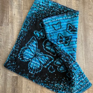 Butterfly Blanket Double Knit Lap Blanket Pattern, Reversible Knitting Pattern with Blue Morpho Butterflies
