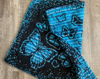 Butterfly Blanket Double Knit Lap Blanket Pattern, Reversible Knitting Pattern with Blue Morpho Butterflies