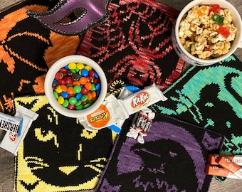 Potholder KNITTING PATTERN, Spooky Halloween Potholders Set of 5, Pot Holder Patterns, Halloween Kitchen Decor, Knitted Potholder Pattern