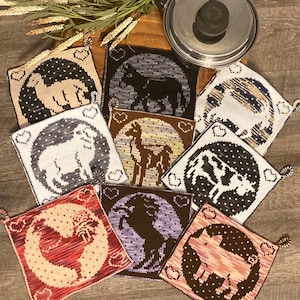 Potholder KNITTING PATTERN Set of 9, Farmhouse Kitchen, Potholder Knitting Pattern, Double Knit Potholder Pattern, Farm Animal Kitchen Decor