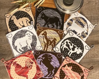 Potholder KNITTING PATTERN Set of 9, Farmhouse Kitchen, Potholder Knitting Pattern, Double Knit Potholder Pattern, Farm Animal Kitchen Decor
