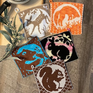 Potholder KNITTING PATTERN Set of 5, Potholder Knitting Patterns, Double Knit Potholder Patterns, Woodland Animals Kitchen Decor