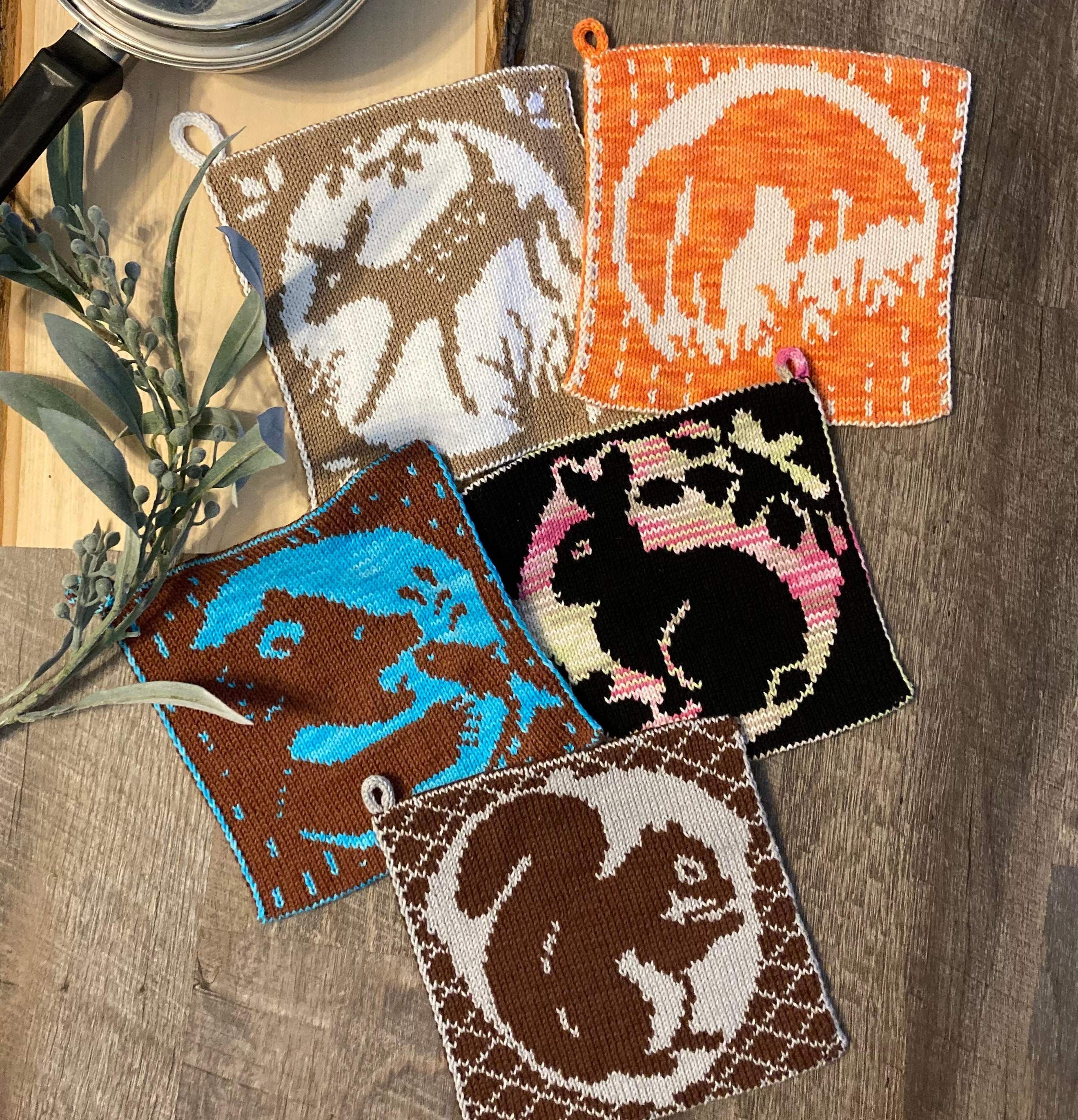 Potholder KNITTING PATTERN Set of 5, Potholder Knitting Patterns, Double Knit Potholder Patterns, Woodland Animals Kitchen Decor