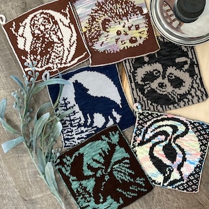 Potholder KNITTING PATTERN Set of 6, Potholder Knitting Patterns, Double Knit Potholder Patterns, Woodland Animals Kitchen Decor