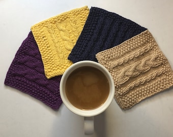 Knit Coasters Set of 4, Cozy Cabled Coasters Set, Knitted Coasters with Cable Stitch, Four Coaster Patterns Included in Set