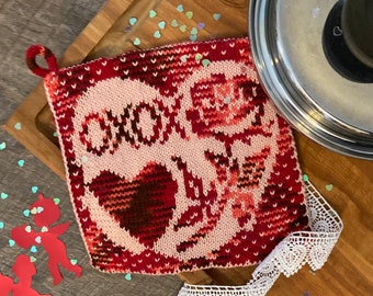 Potholder KNITTING PATTERN, Valentine Pot Holder, Heart Potholder Pattern, Kisses Potholder, Valentine Knit Patterns, Valentine Hot Pads