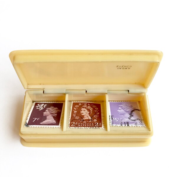 Vintage Postage Stamp Box // Stamp Storage // French Ivory