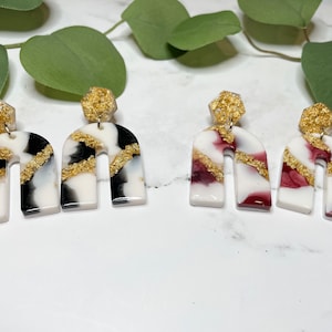 Earrings, Resin Earring, Arch Earring, Black and White Earring, Burgundy Earring Dangle Earring, Gold Earring, Autumn Color Earring