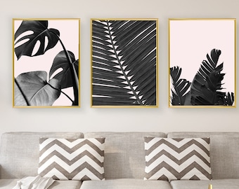 tropical leaves art print, set of 3, monstera wall art, palm leaf poster, banana leaves decor, pink tropical decor, minimal digital download