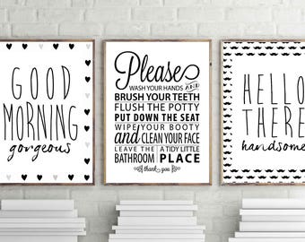 Bathroom Wall Art Goodmorning Gorgeous Print Hello Handsome Print Bathroom Rules Wall Decor Set Of Bathroom Posters Minimal Art